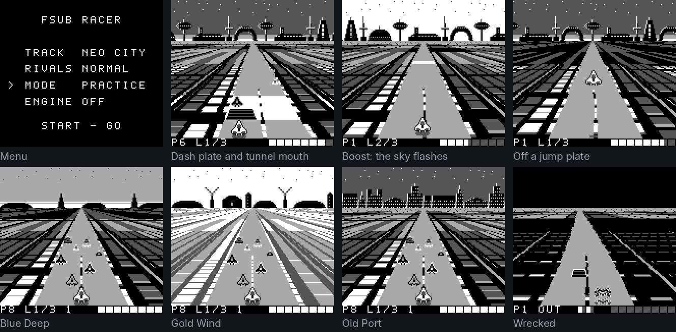 Menu, dash plate and tunnel mouth, boost flash, jump, the three other tracks, and a wreck