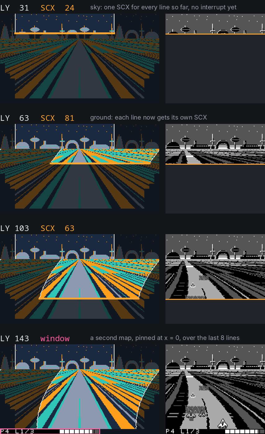 Four moments of the same frame: sky, upper ground, lower ground, status bar