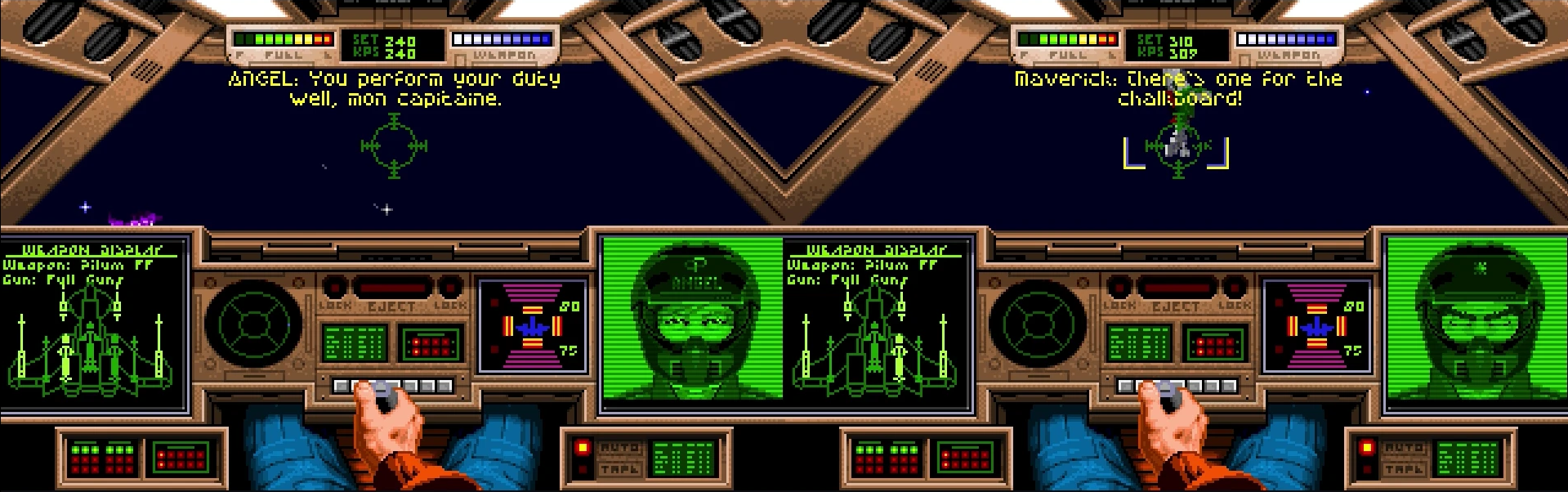 Two browsers side by side: Maverick's cockpit shows ANGEL: You perform your duty well, mon capitaine; Angel's cockpit shows Maverick: there's one for the chalkboard!