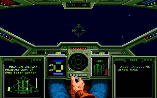 Hornet cockpit on launch, the right VDU showing Auto Targetting, Target: None